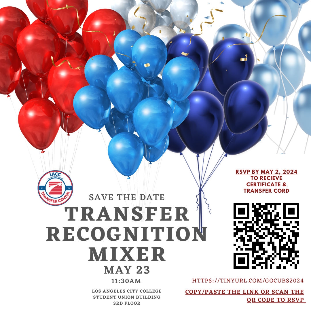 Transfer Mixer Ceremony flyer with balloons that explains the ceremony is on May 23rd @ 11:30am and the deadline to RSVP is May 2nd. Link is included