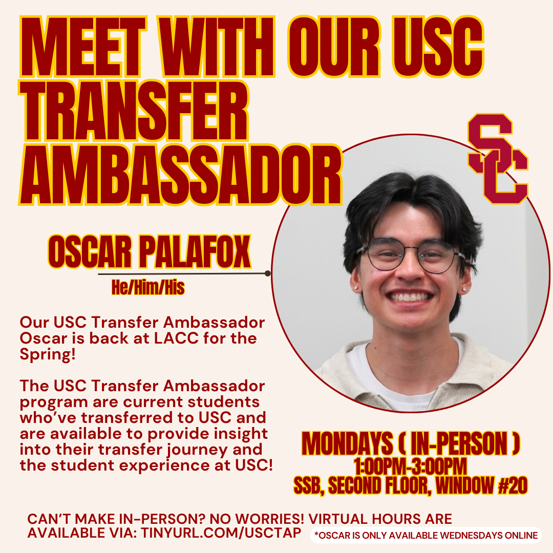 Flyer of USC Ambassador Oscar who is available at the transfer center every Monday this Spring semester 1:00pm-3:00pm