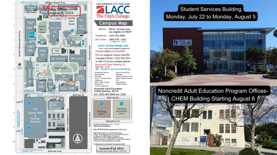 LACC Map and photo of the Welcome Center and Chem Buildings