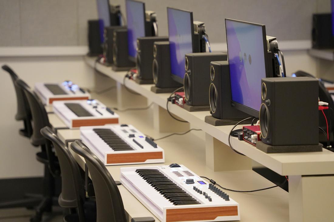 MIDI keyboards at computer stations in the HAMC Music Technology lab.