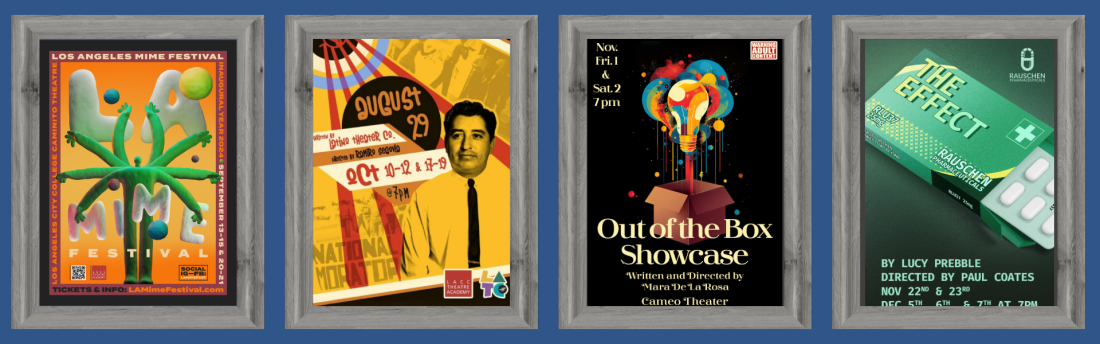 This image contains four posters framed in gray wooden frames. Each poster represents a unique theatrical production or event.