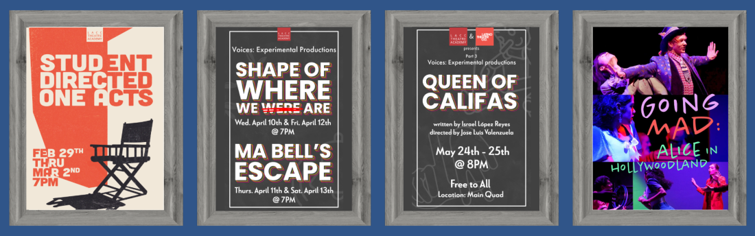 This image features four additional posters, each in a gray wooden frame, showcasing distinct theatrical events or productions. 