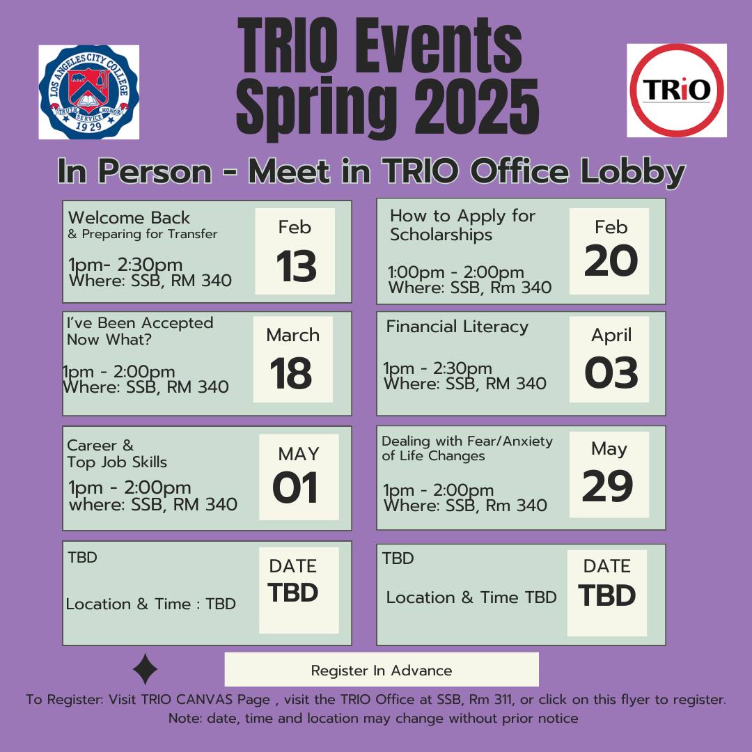 List of TRIO events for Spring 2025 offered in person