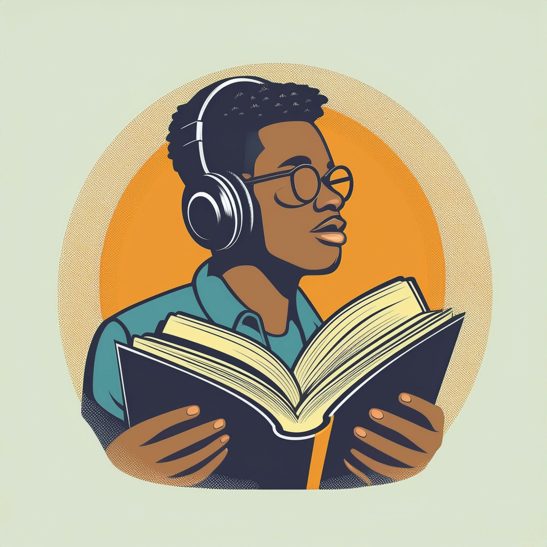 Illustration of a student listening to an audiobook while reading